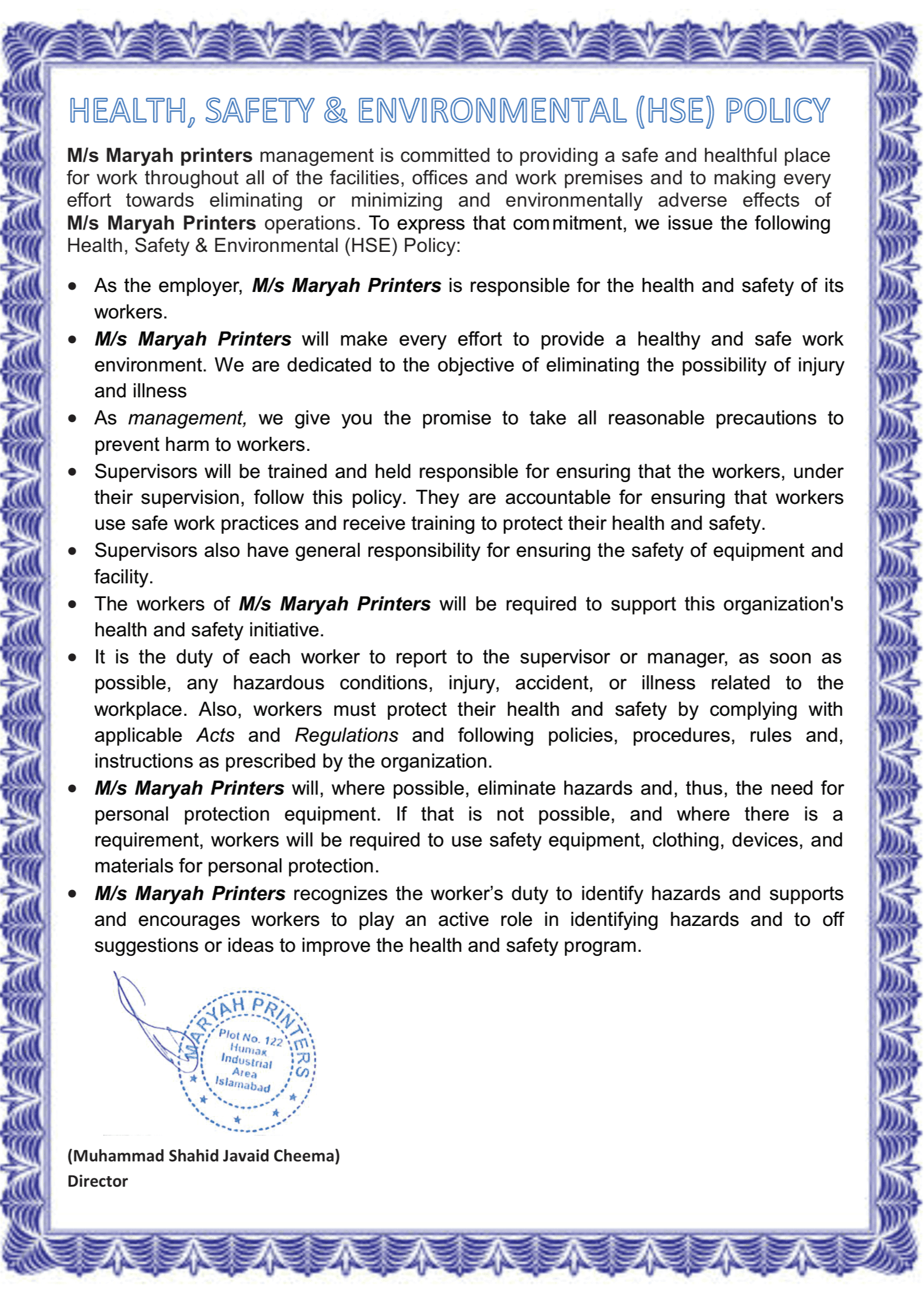 Health, Safety & Environmental (HSE) Policy